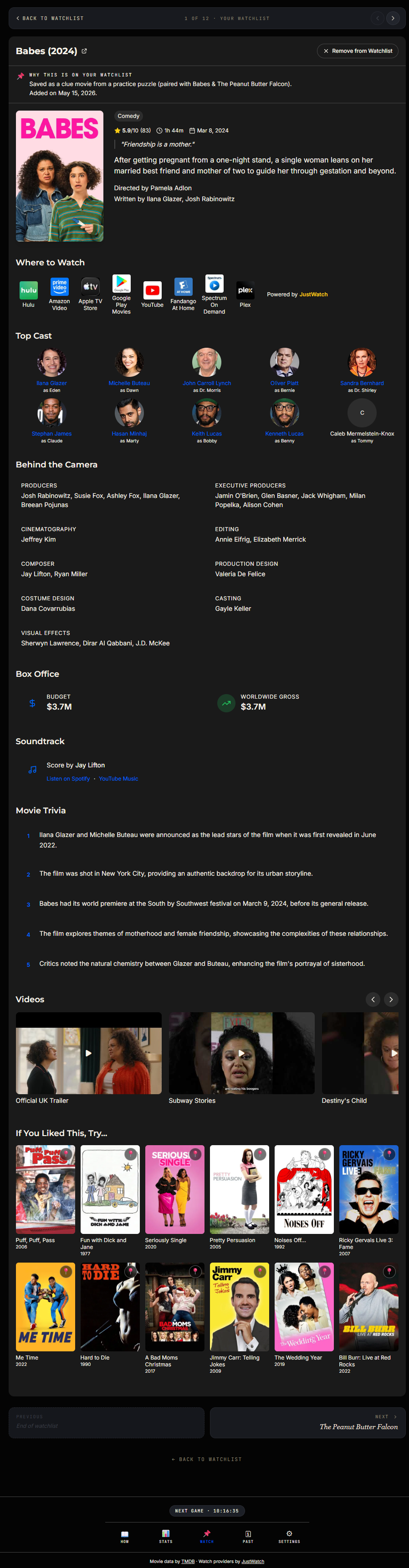 The Movie Game curated movie detail page — synopsis, where to watch, top cast, behind the camera, soundtrack, trivia, video clips, and similar films