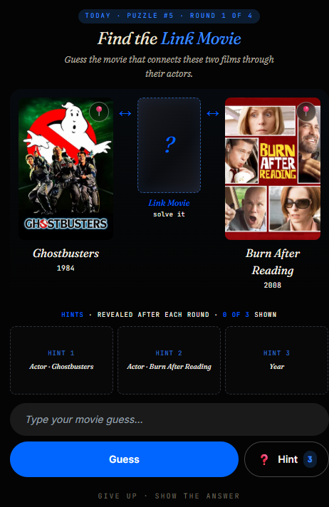 The Movie Game play screen — two clue films flank the Link Movie '?' card with hint indicators and guess input