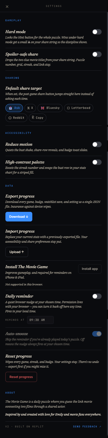 The Movie Game settings screen
