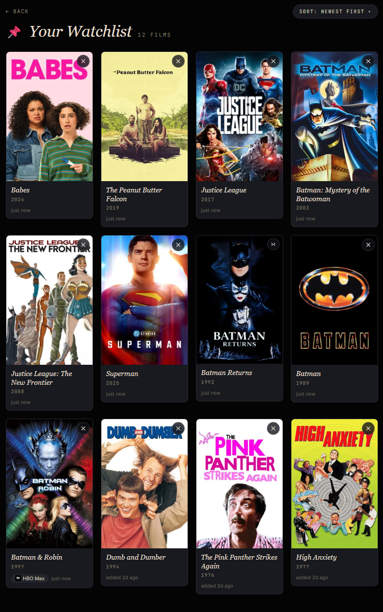 The Movie Game Watchlist page — a video-rental wall of movie posters marked from past puzzles
